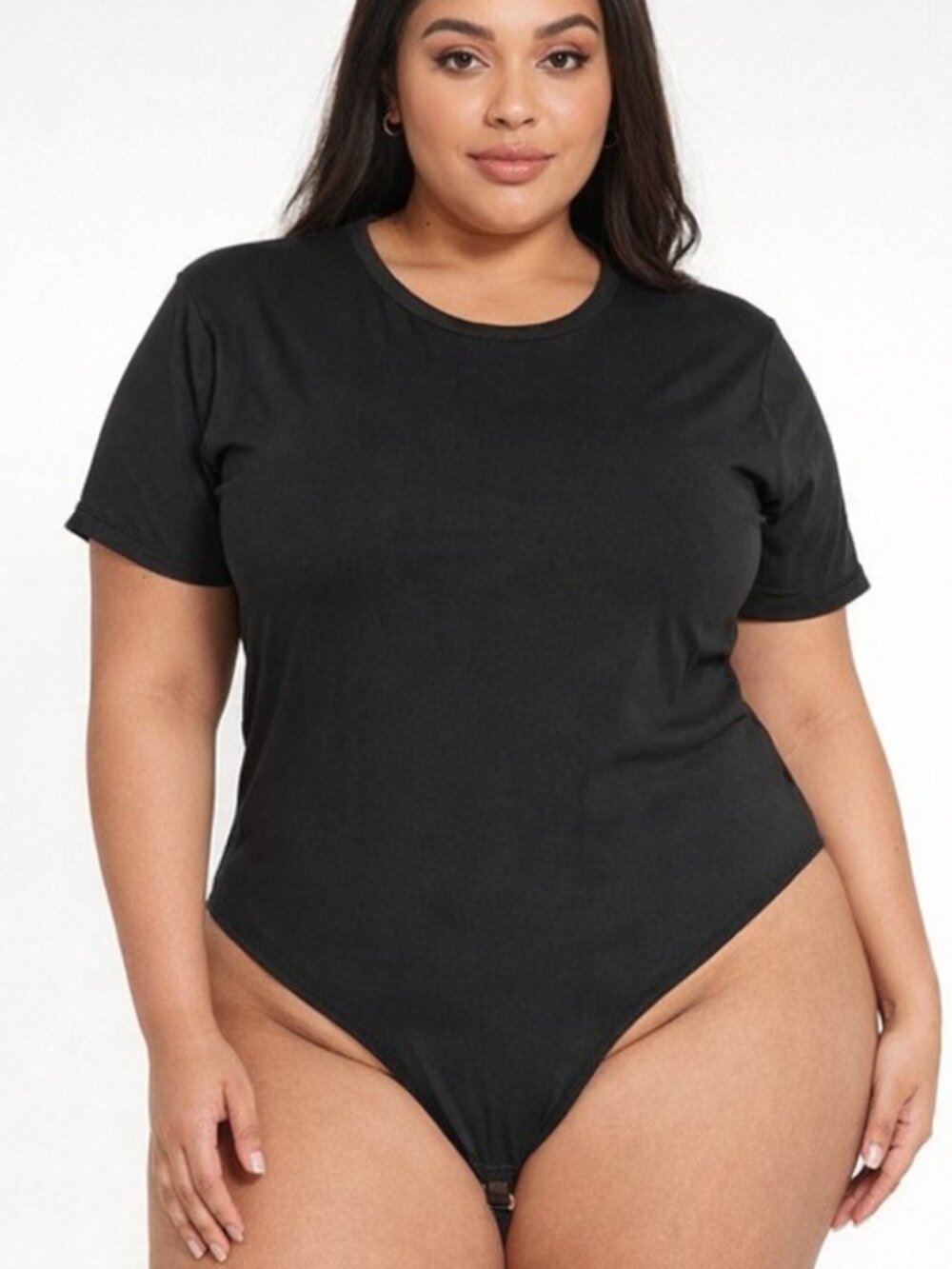 NEW YORK & COMPANY 2X O'Neck Black Bodysuit Tummy Control Thong With Snap Bottom